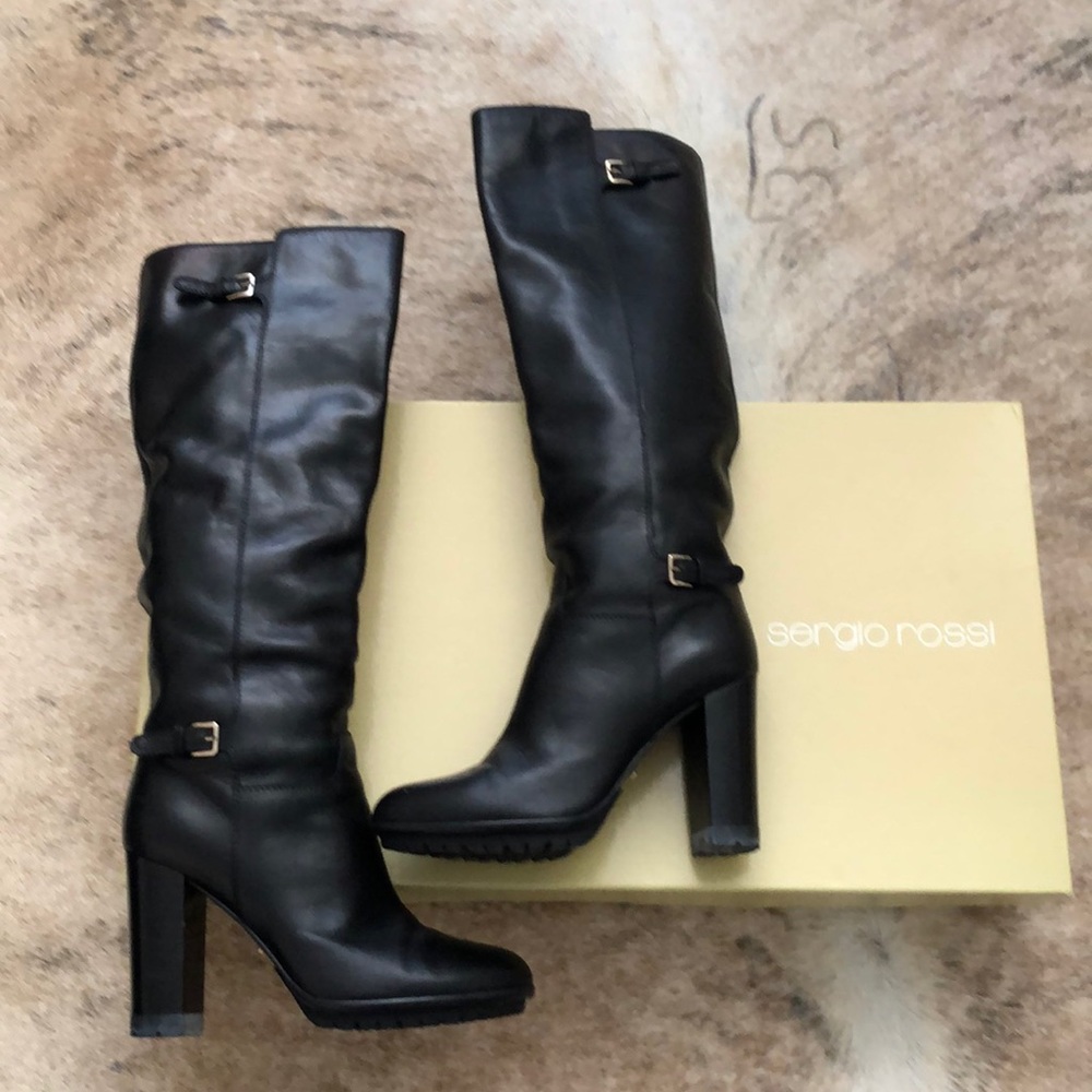 Sergio Rossi black leather knee boots size 38